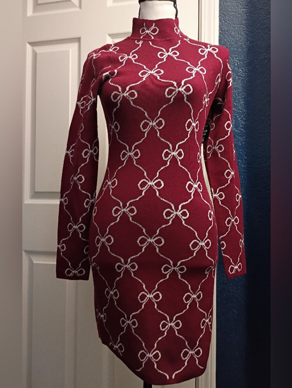 Long Sleeve Burgundy Mock Neck Knit Dress with White Bow-Link Pattern